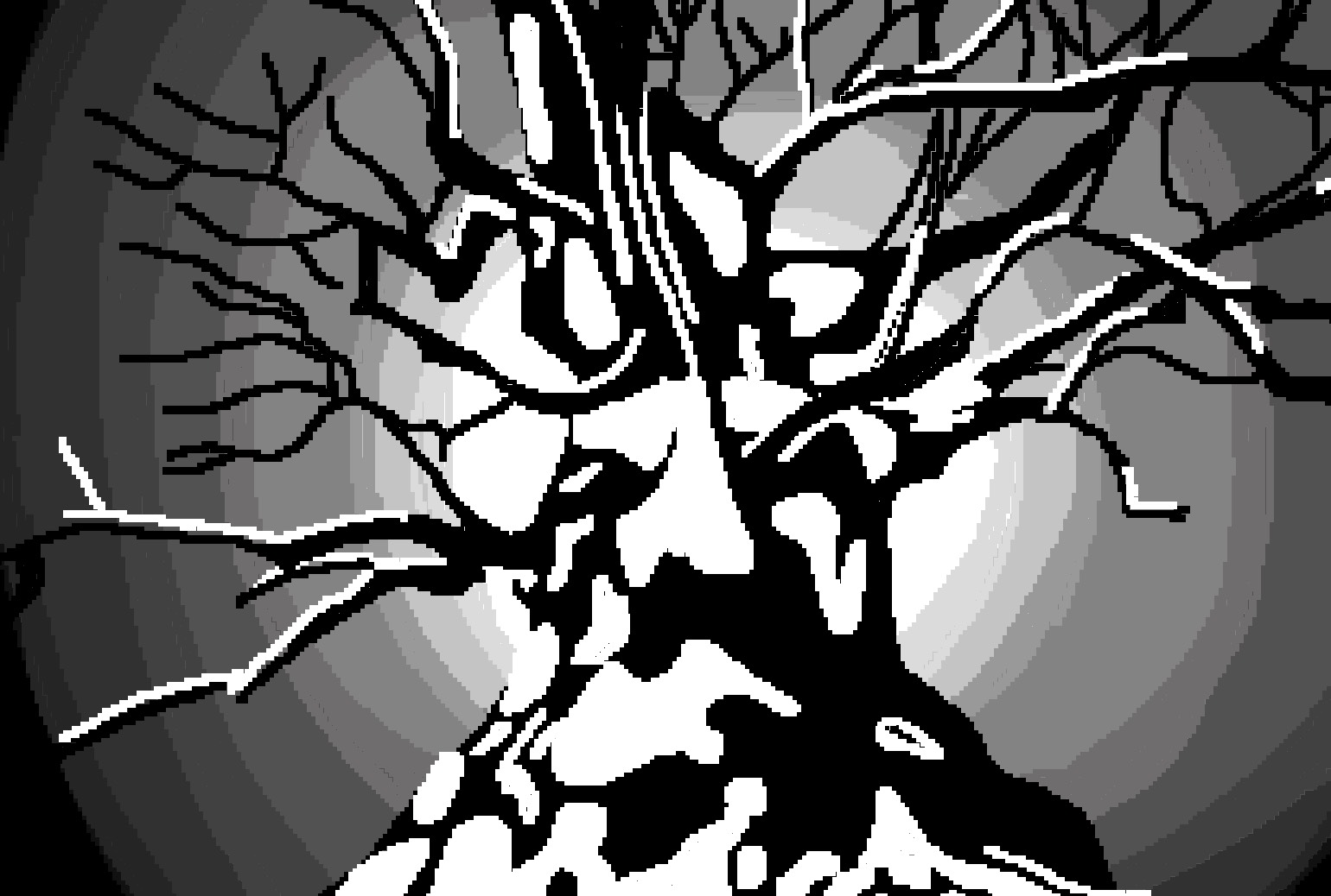 A black and white girthy, seemingly aged, towering tree of long, honed branches.